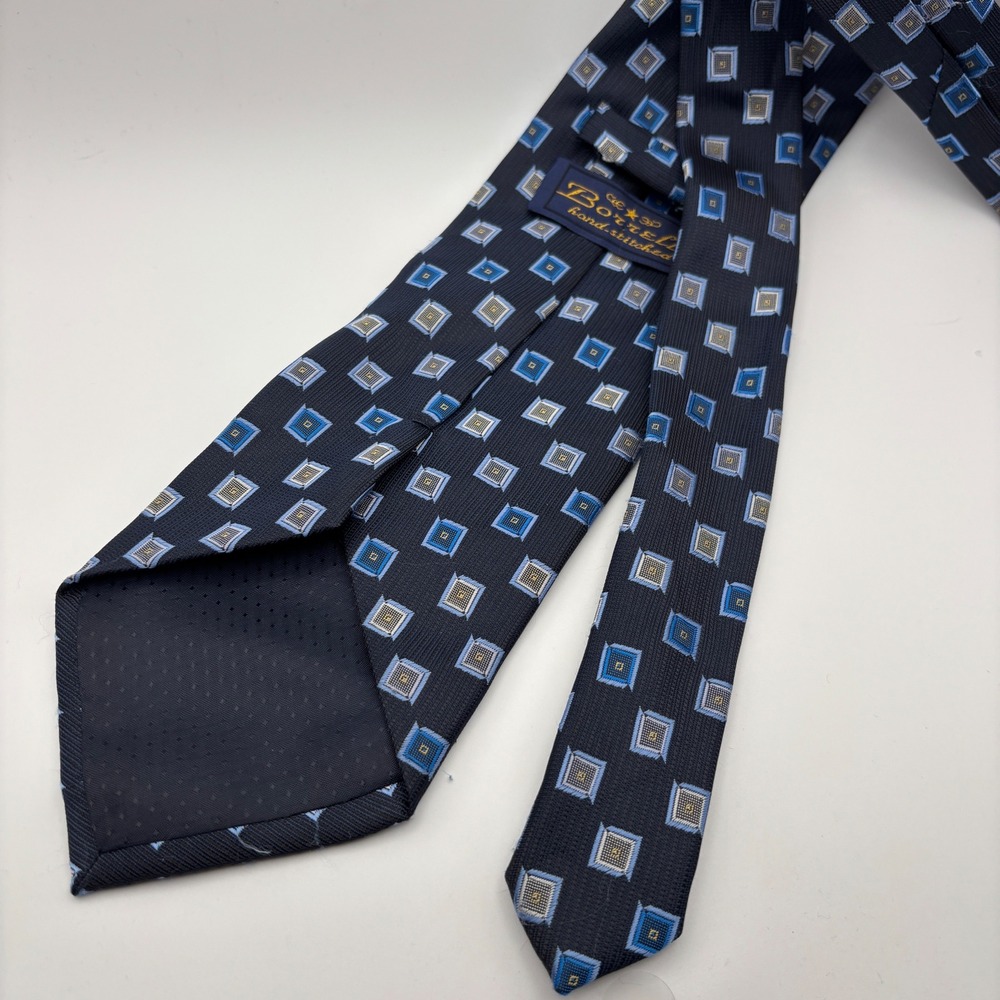 Borrelli Tie Mens OS Navy Blue Geometric Square Hand Stitched Polyester